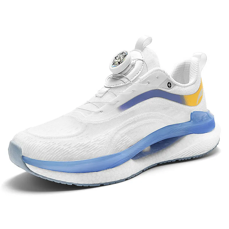 Men's high top mesh running shoes in cotton candy colour with buckle fastening and composite sole.