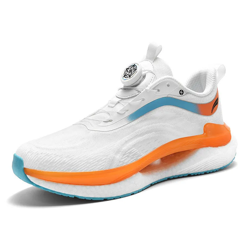 Men's high top mesh running shoes in cotton candy colour with buckle fastening and composite sole.