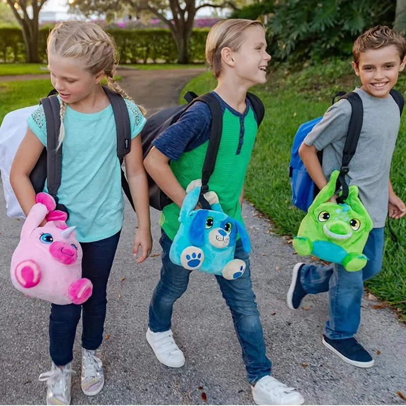 Portable children plush lunch bag with thermal insulation, green blue pink purple colours, on a white background