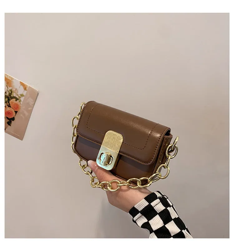 PU chain shoulder messenger phone bag in black, horizontal square shape with soft handle and crossbody strap