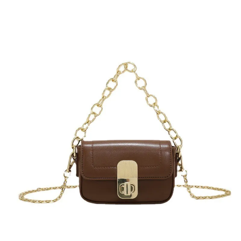 PU chain shoulder messenger phone bag in black, horizontal square shape with soft handle and crossbody strap
