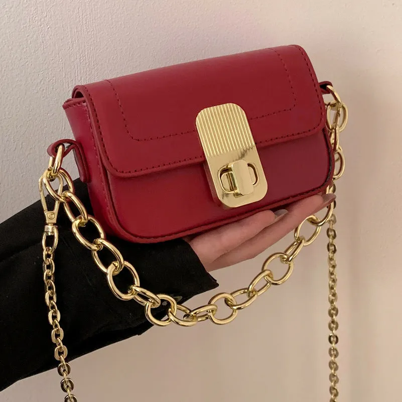 PU chain shoulder messenger phone bag in black, horizontal square shape with soft handle and crossbody strap