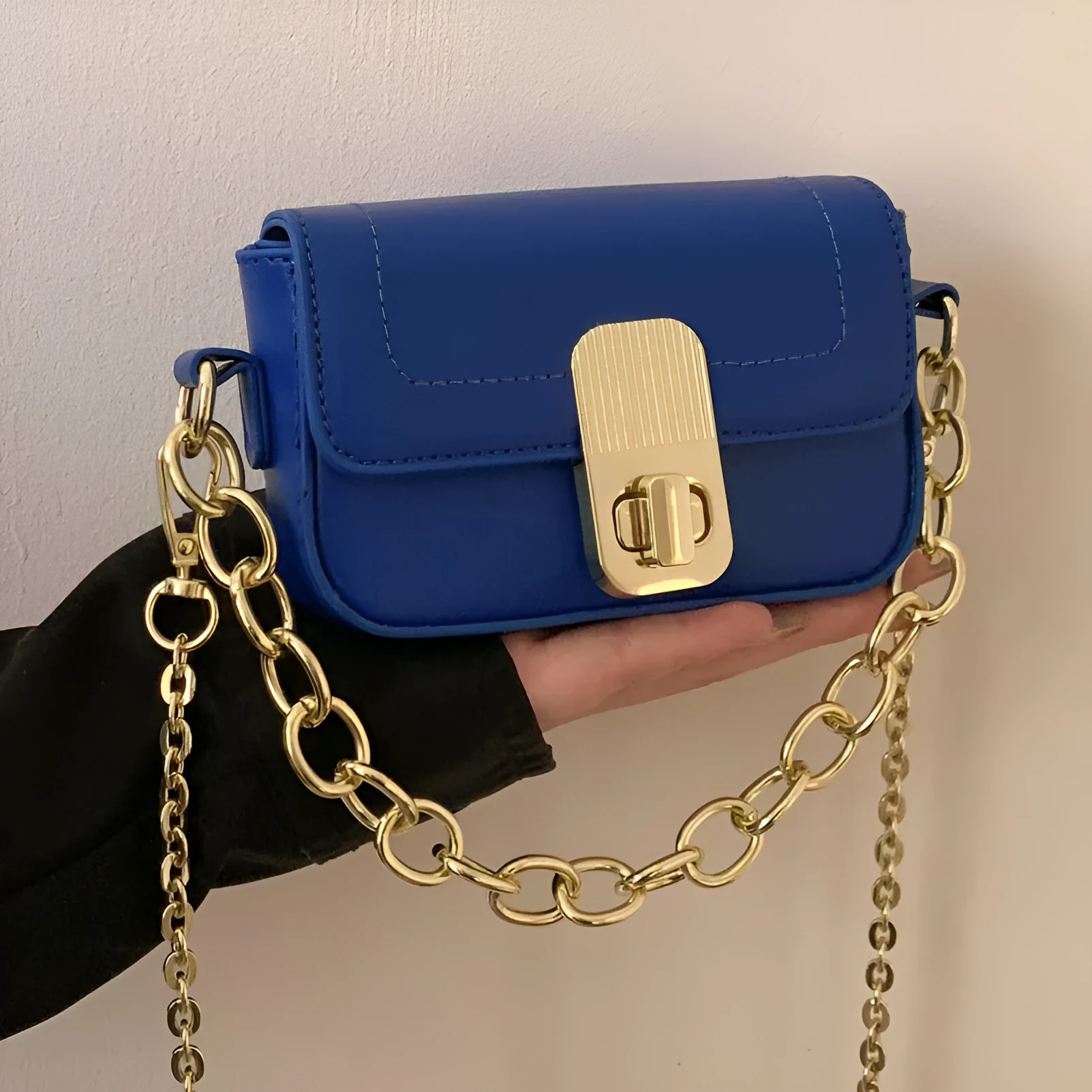 PU chain shoulder messenger phone bag in black, horizontal square shape with soft handle and crossbody strap