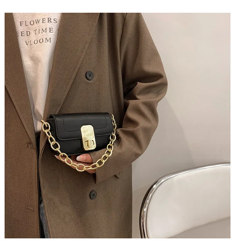 PU chain shoulder messenger phone bag in black, horizontal square shape with soft handle and crossbody strap