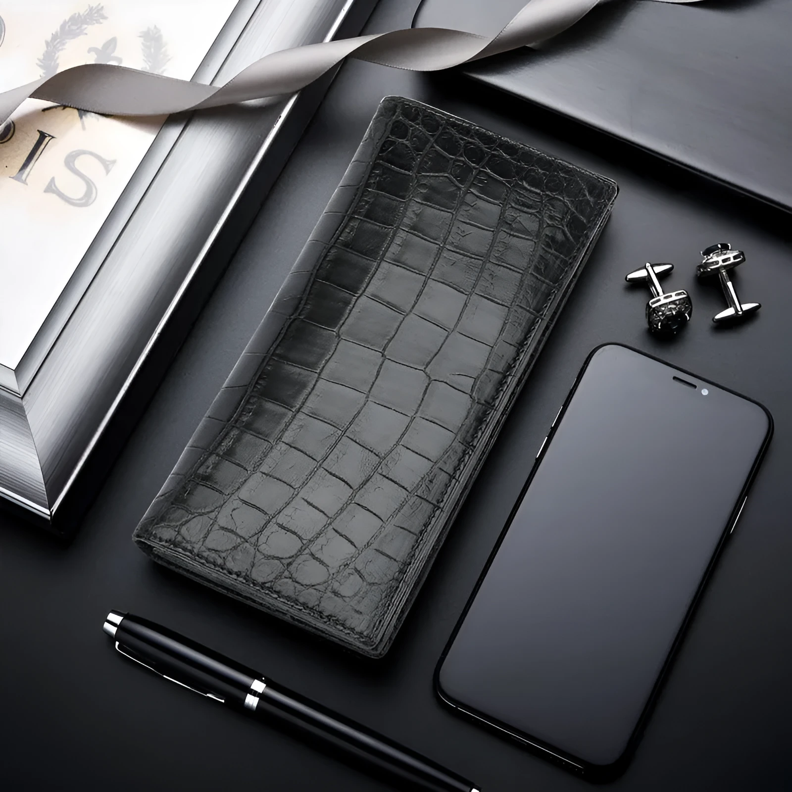 Men's black genuine leather business wallet with card and coin slots on white background