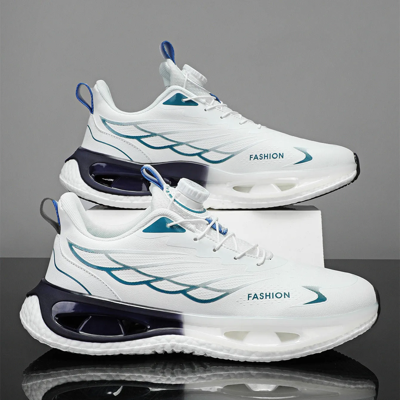 Low-top youth sneaker with rotating button closure in light blue mesh fabric and a non-slip rubber sole.