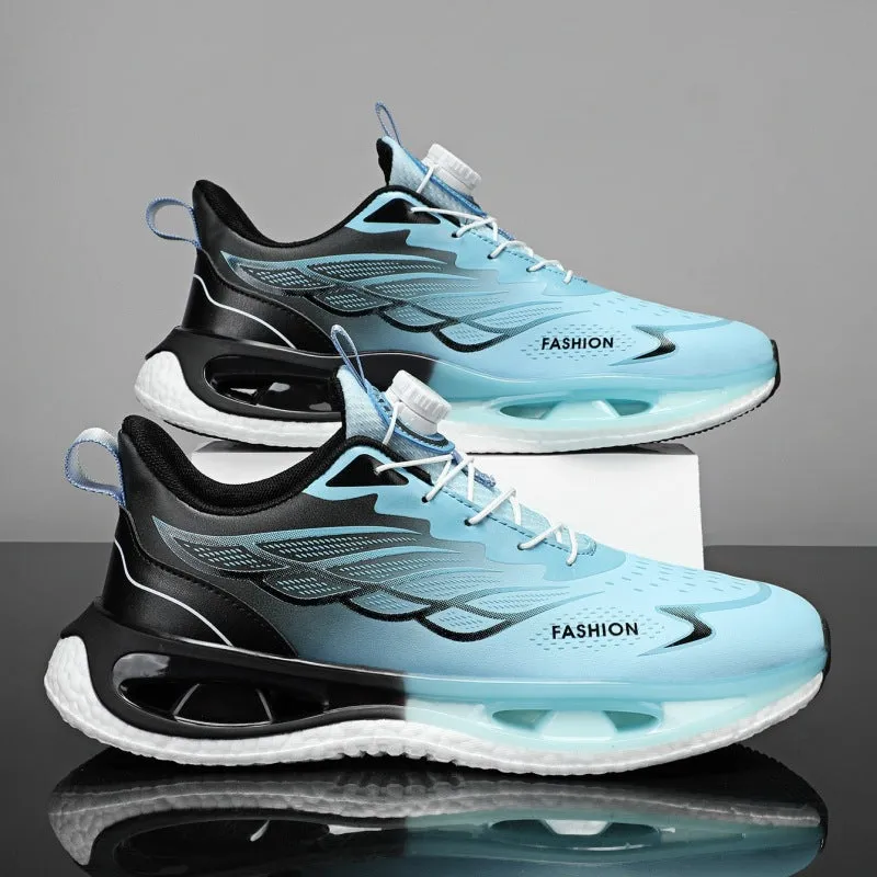 Low-top youth sneaker with rotating button closure in light blue mesh fabric and a non-slip rubber sole.