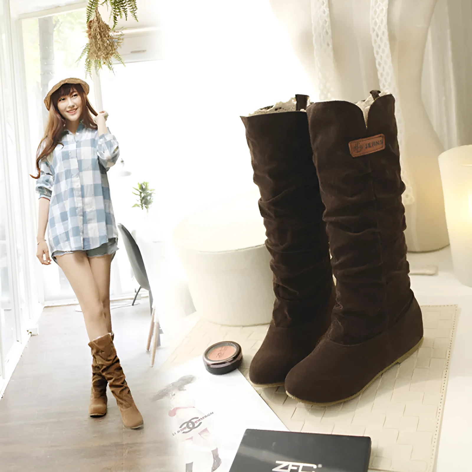 Women's suede ankle boots in brown, low heel 1-3 cm, slip-on style with soft insole and polyurethane outsole