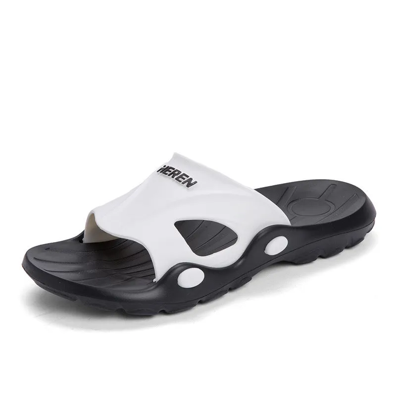 Men's indoor plastic flip-flop bathroom slippers with rubber sole, available in multiple colours and sizes 36-45