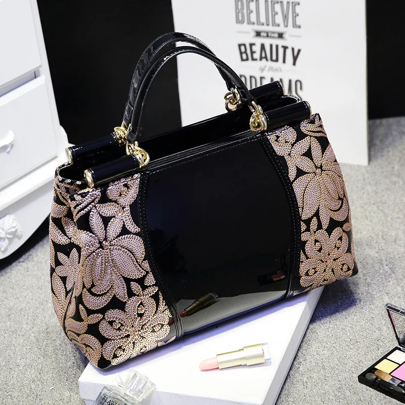 Patent leather handbag with sequin bead embroidery in blue, adjustable shoulder strap, crossbody style