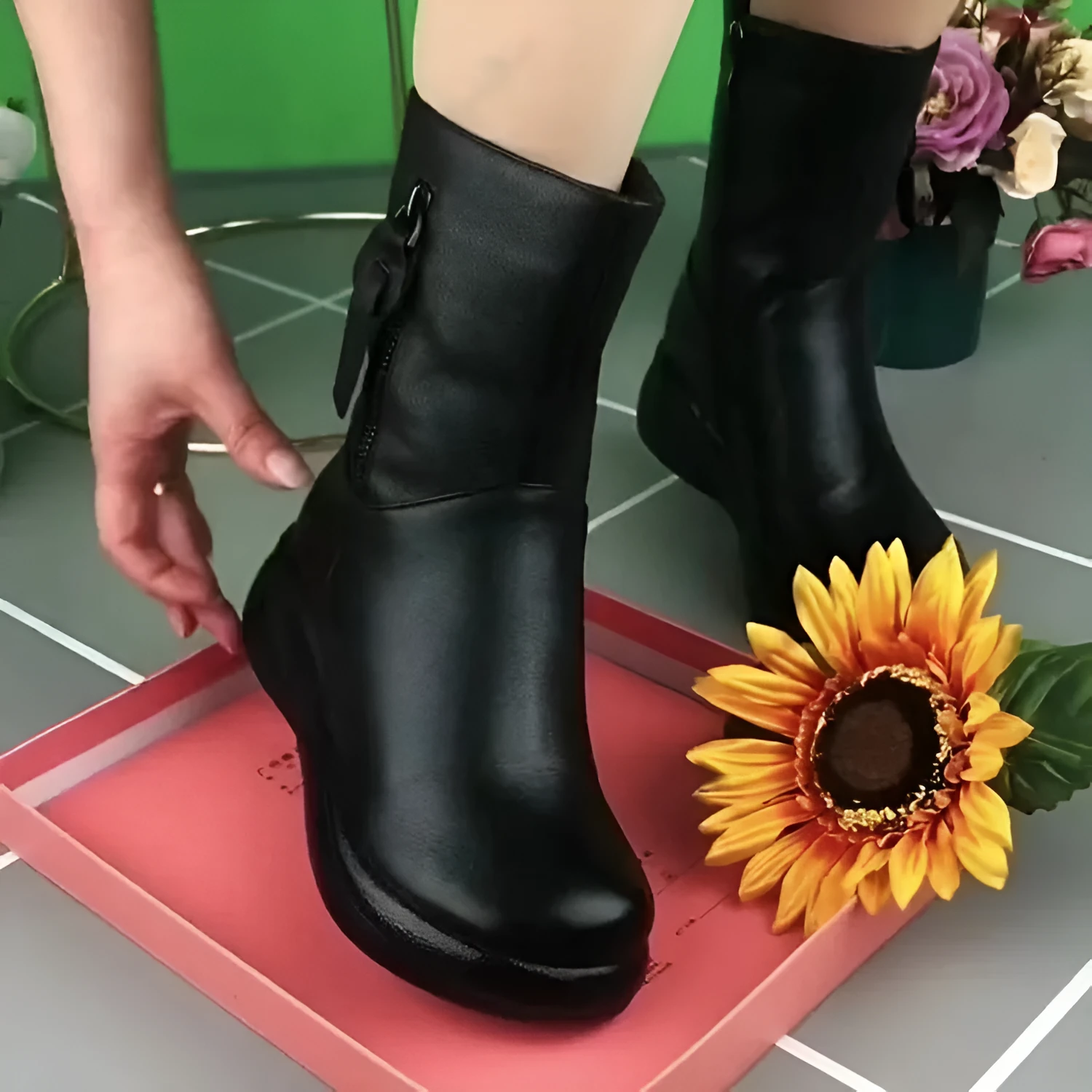 Retro British style flat boots with cowhide upper, side zipper, and metal decorative accents on a low tube silhouette.