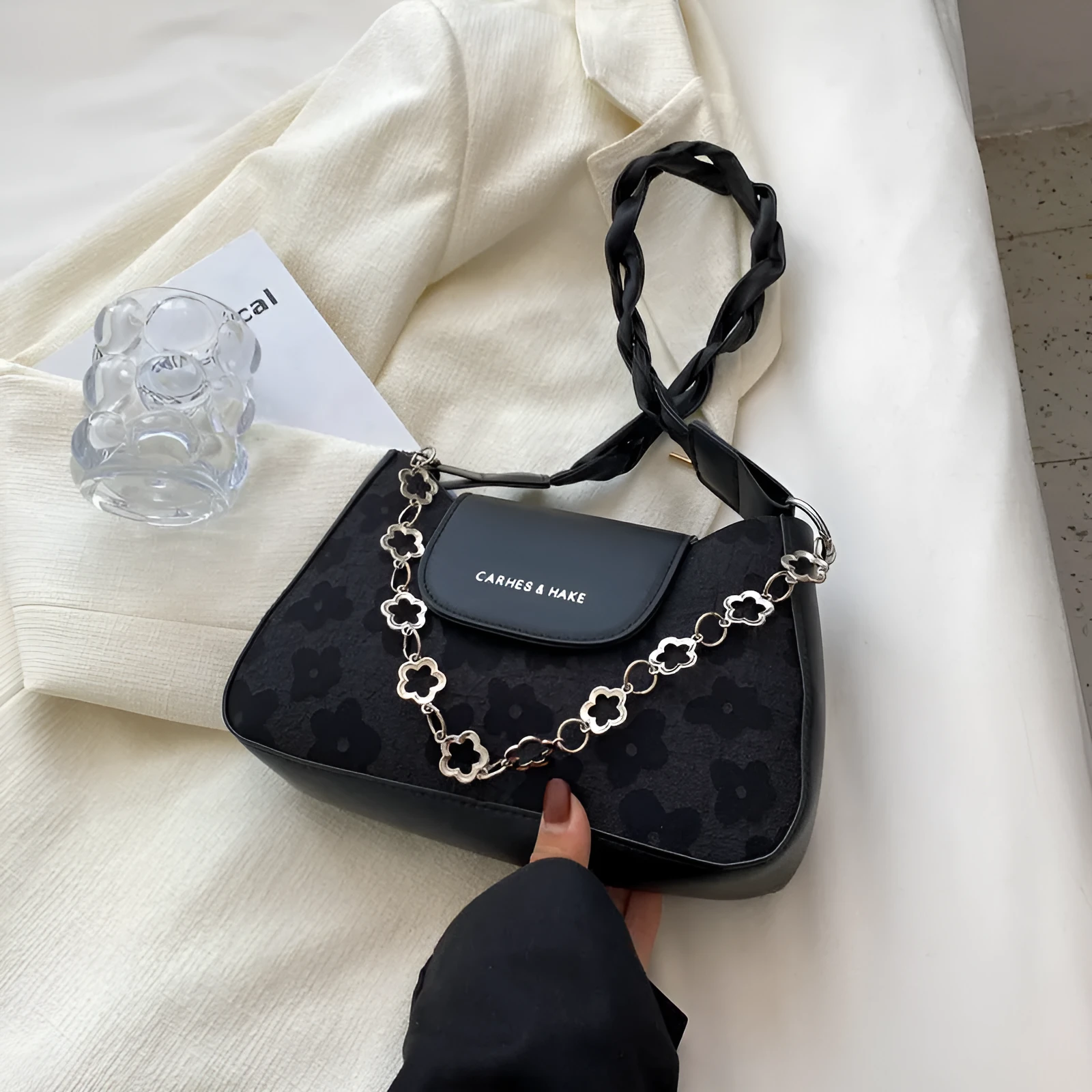 Women's fashion large capacity underarm shoulder bag in beige PU leather horizontal square shape with outer pocket