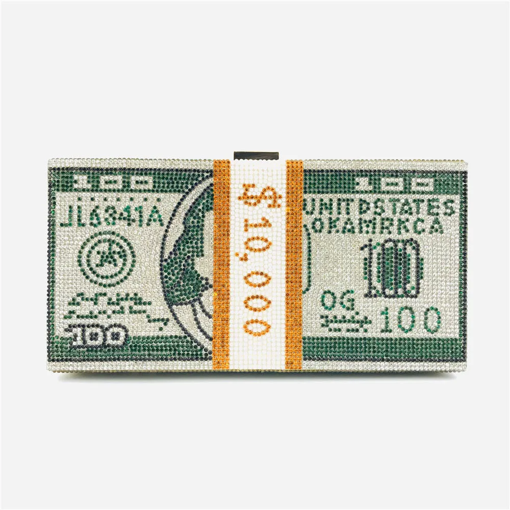 Women's crystal diamond cash dollars clutch purse chain handbag with US dollar banknote pattern, PVC material, 20.5cm size