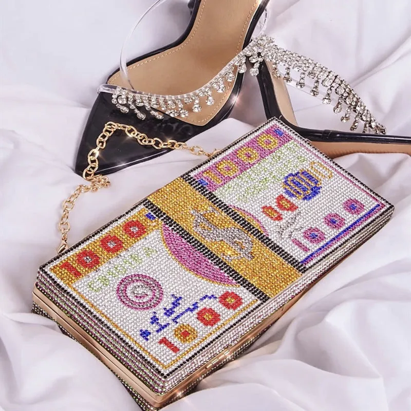 Women's crystal diamond cash dollars clutch purse chain handbag with US dollar banknote pattern, PVC material, 20.5cm size