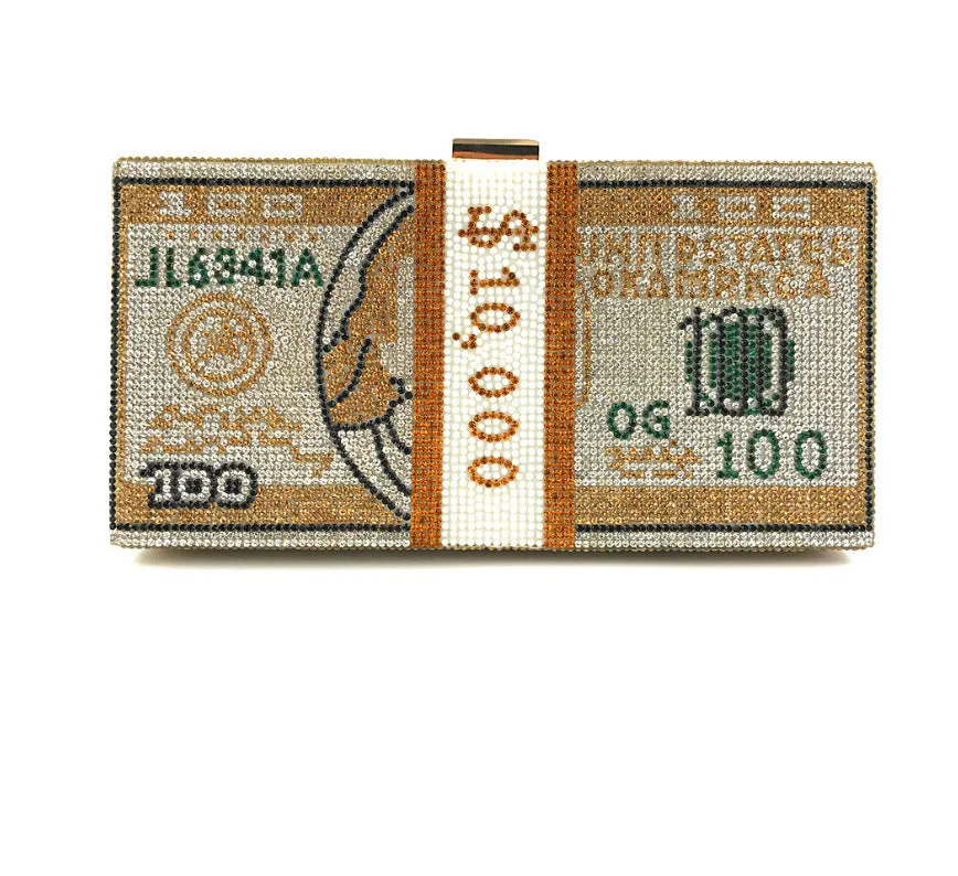 Women's crystal diamond cash dollars clutch purse chain handbag with US dollar banknote pattern, PVC material, 20.5cm size