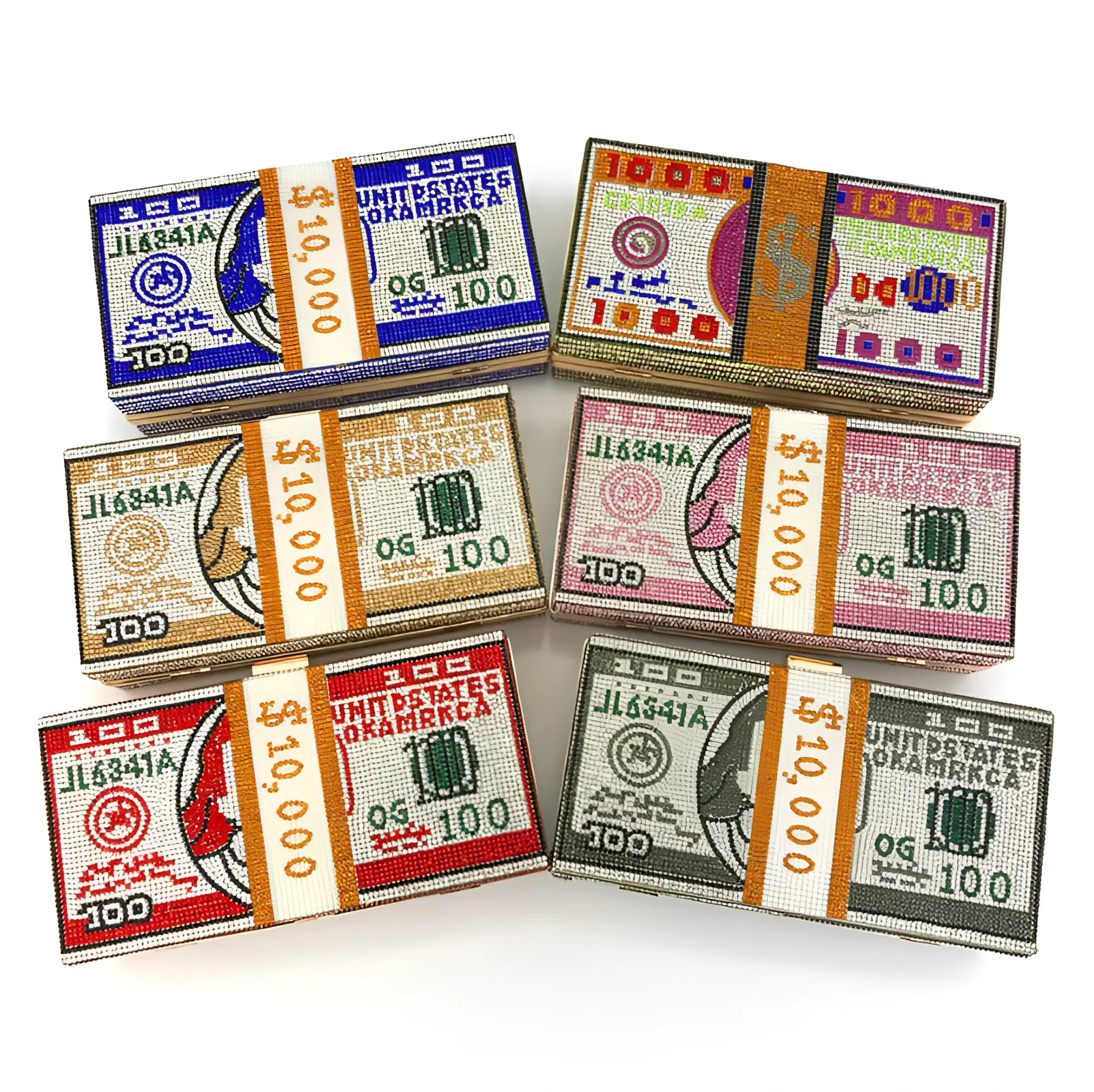 Women's crystal diamond cash dollars clutch purse chain handbag with US dollar banknote pattern, PVC material, 20.5cm size