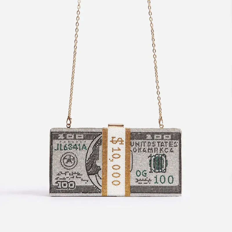 Women's crystal diamond cash dollars clutch purse chain handbag with US dollar banknote pattern, PVC material, 20.5cm size