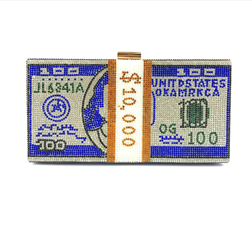 Women's crystal diamond cash dollars clutch purse chain handbag with US dollar banknote pattern, PVC material, 20.5cm size