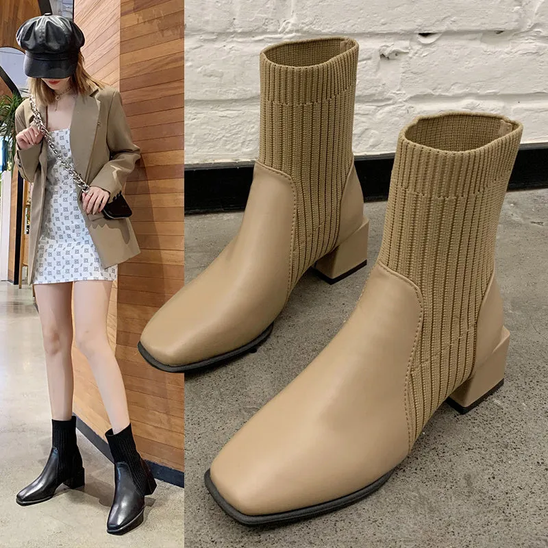 Women's fabric square toe thick heel socks boots in black with 16CM boot height and 5CM heel