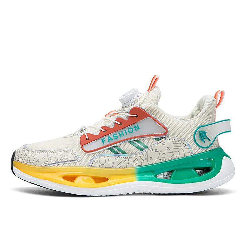 Men's low-top mesh sports shoes in beige orange with an elastic band and a flat Popcorn TPU sole.