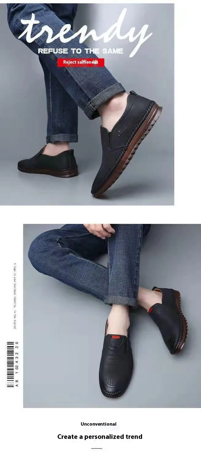 Men's casual soft leather shoes with PU upper, low wedge heel, in black colour