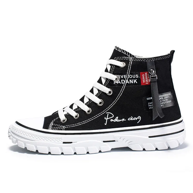 Men's casual canvas high top lace-up shoes in black with letter print pattern, round toe, and front laces