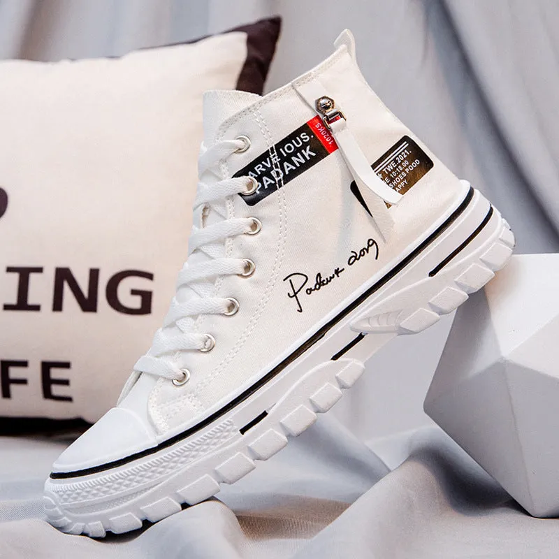 Men's casual canvas high top lace-up shoes in black with letter print pattern, round toe, and front laces