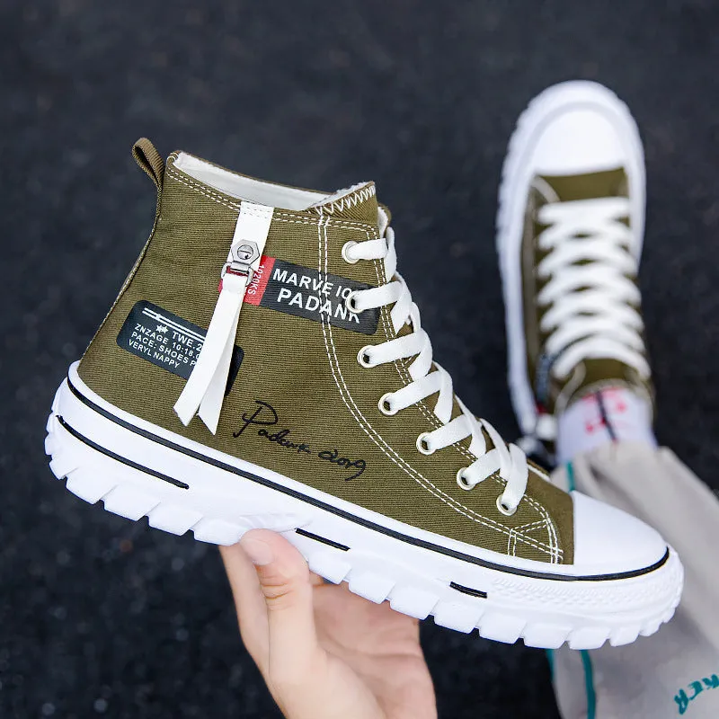 Men's casual canvas high top lace-up shoes in black with letter print pattern, round toe, and front laces