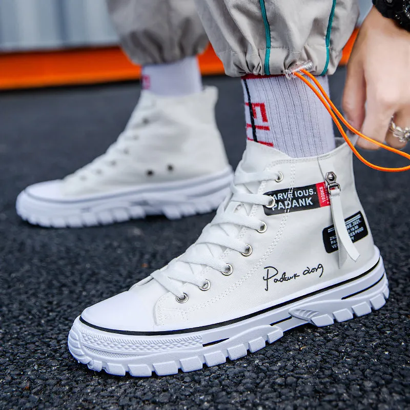 Men's casual canvas high top lace-up shoes in black with letter print pattern, round toe, and front laces