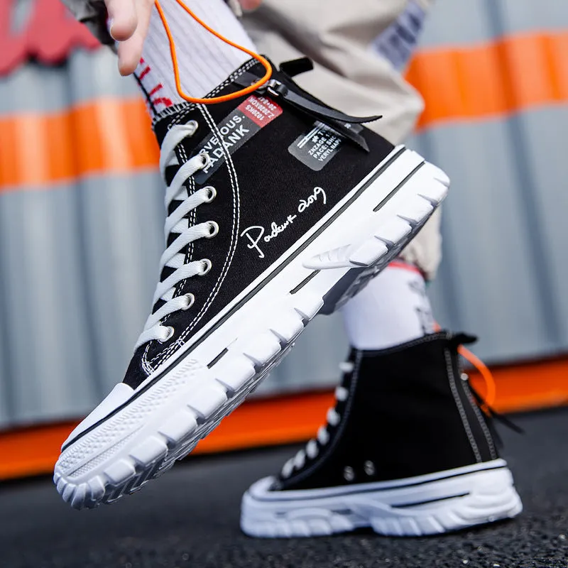 Men's casual canvas high top lace-up shoes in black with letter print pattern, round toe, and front laces