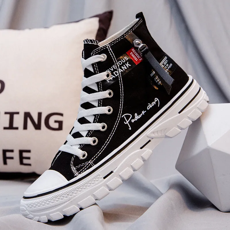 Men's casual canvas high top lace-up shoes in black with letter print pattern, round toe, and front laces