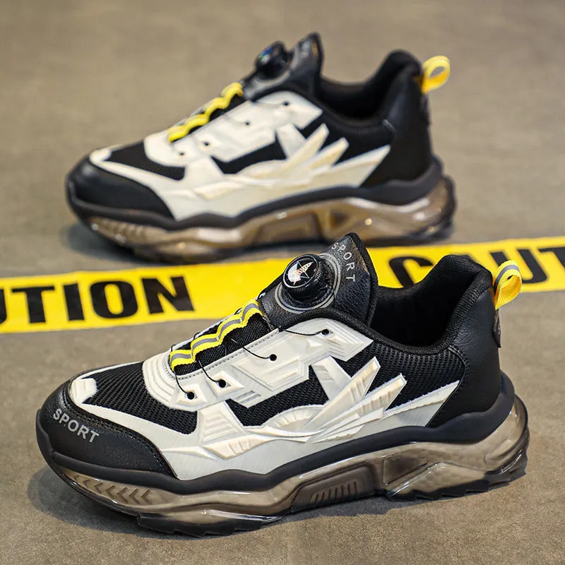 Men's black rotating button casual shoes with mesh upper and platform sole