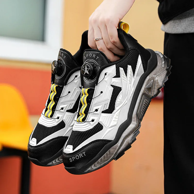 Men's black rotating button casual shoes with mesh upper and platform sole