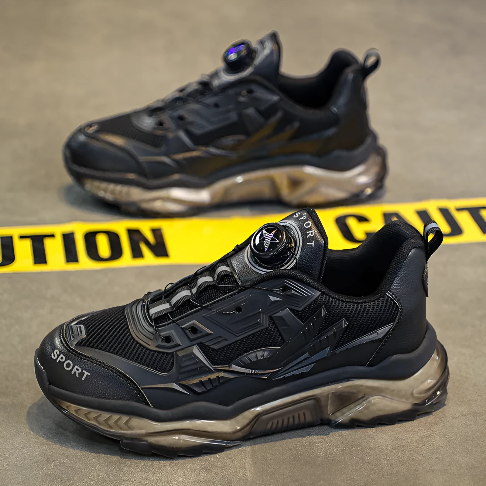 Men's black rotating button casual shoes with mesh upper and platform sole