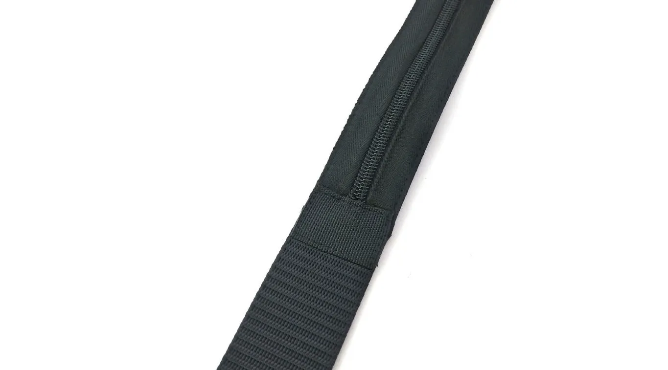 Travel security money belt with plastic buckle, 125cm long and 3.8cm wide, shown flat against a neutral background