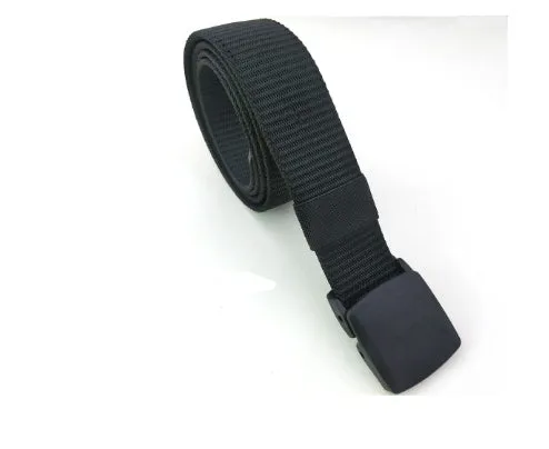 Travel security money belt with plastic buckle, 125cm long and 3.8cm wide, shown flat against a neutral background