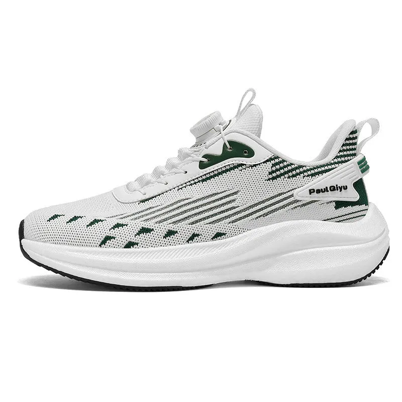 Men's low-top running shoes in white and green with Fly-knit mesh upper, rotating buckle, and TPU sole.