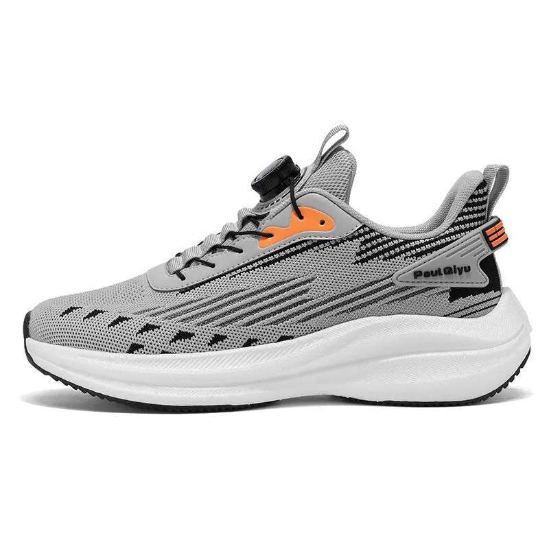 Men's low-top running shoes in white and green with Fly-knit mesh upper, rotating buckle, and TPU sole.