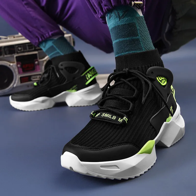 Men's flying knit basketball shoes breathable mesh upper plastic sole back tie closure black
