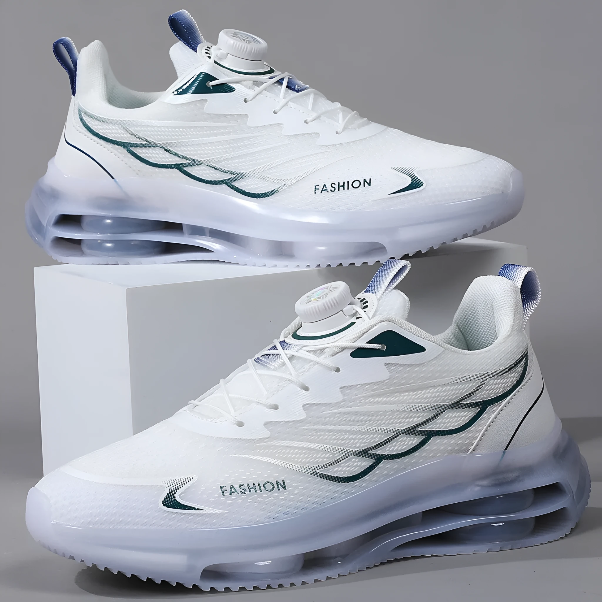 White men's low-top casual sports shoes with a rotating button lace system and breathable mesh upper.