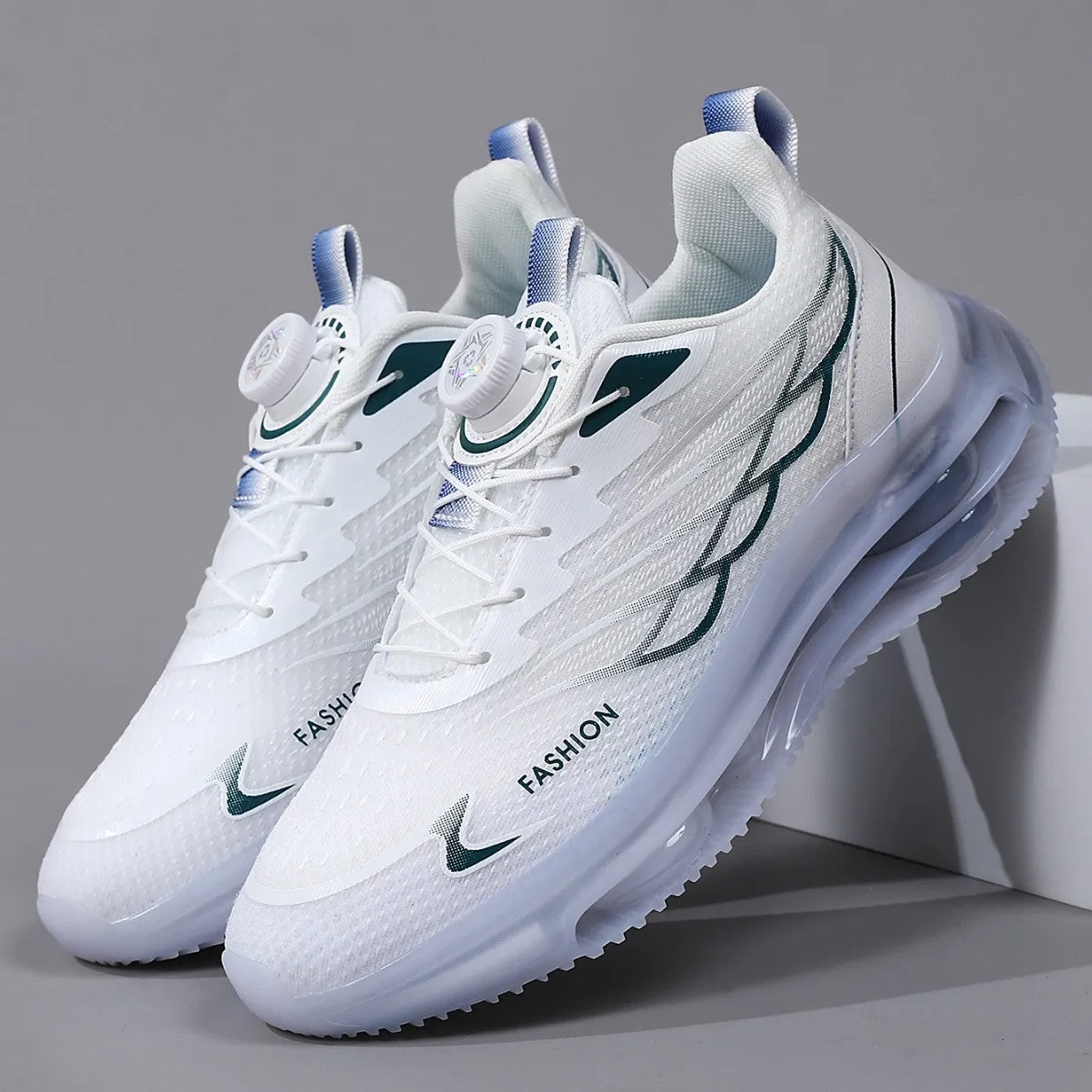 White men's low-top casual sports shoes with a rotating button lace system and breathable mesh upper.