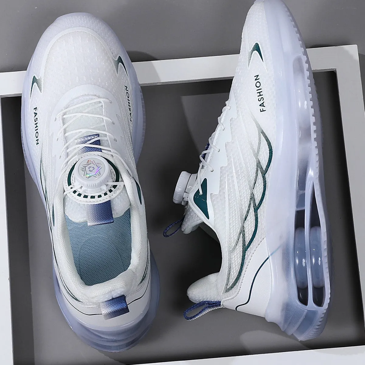 White men's low-top casual sports shoes with a rotating button lace system and breathable mesh upper.