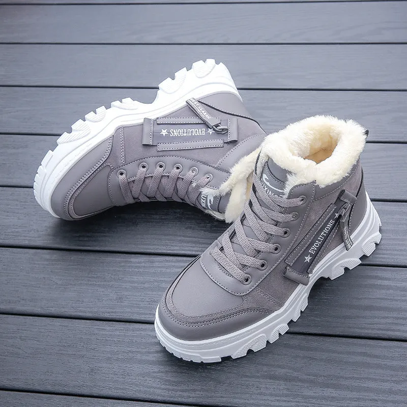 Women's winter platform ankle boots with mid heel, lace-up front, round toe, solid colour in gray