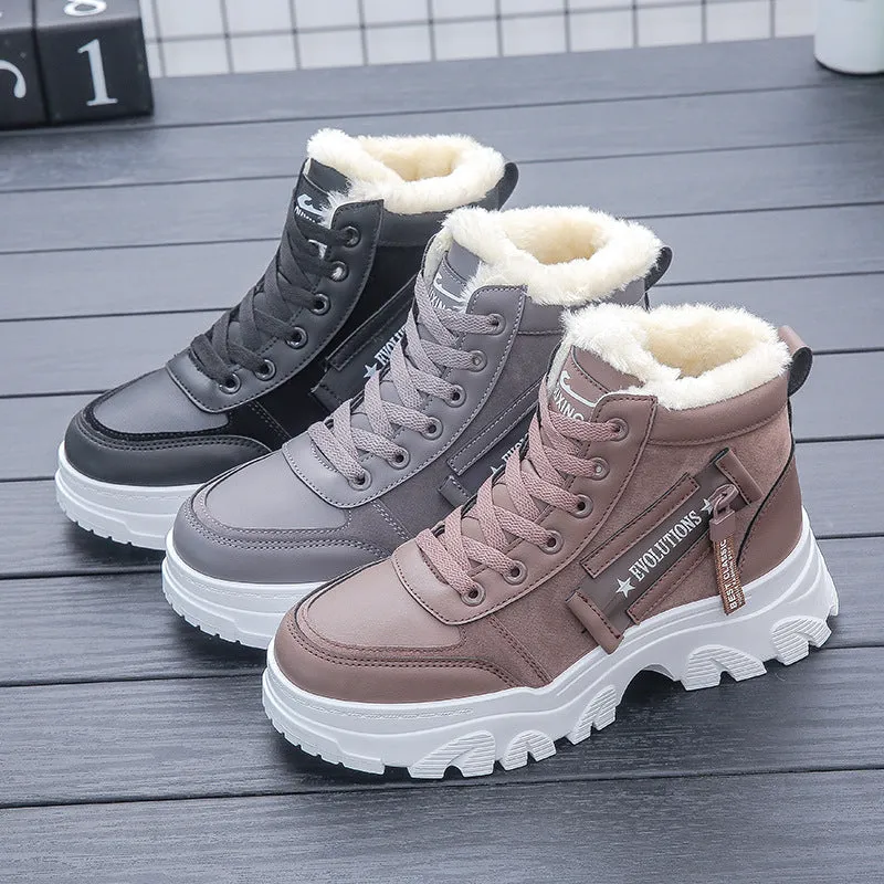 Women's winter platform ankle boots with mid heel, lace-up front, round toe, solid colour in gray