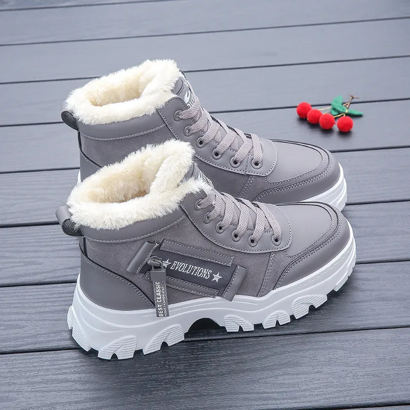Women's winter platform ankle boots with mid heel, lace-up front, round toe, solid colour in gray