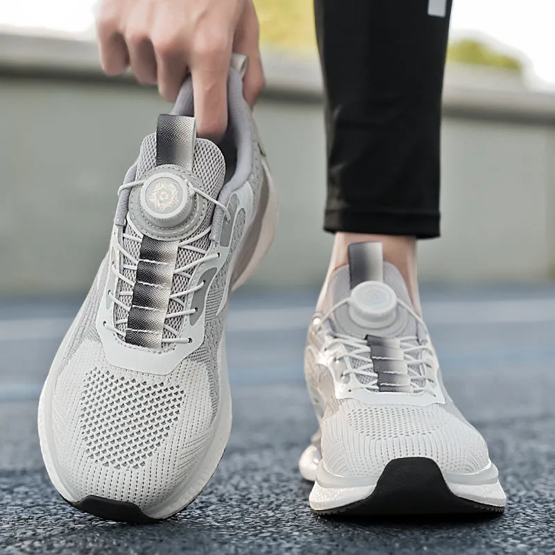 Men's white rotating buckle sports shoes with breathable mesh upper and Korean style design
