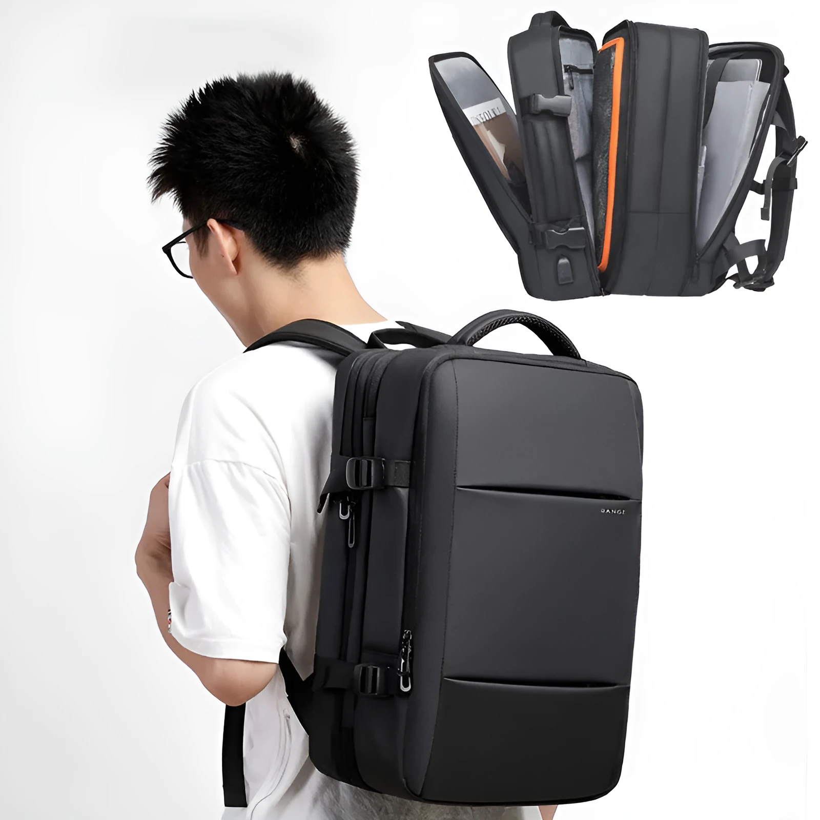 Foldable large capacity business backpack in waterproof Oxford cloth with curved shoulder straps and computer pocket