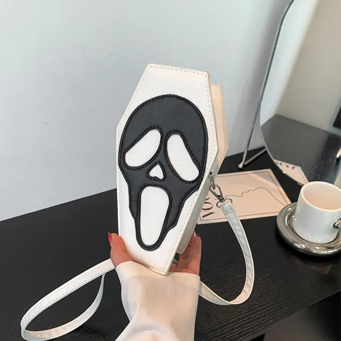 Halloween coffin-shaped shoulder bag in PU with spider web pattern, crossbody strap, compact size 12x22x9cm