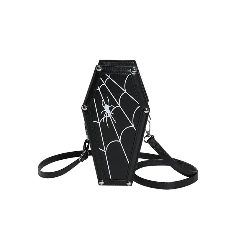 Halloween coffin-shaped shoulder bag in PU with spider web pattern, crossbody strap, compact size 12x22x9cm