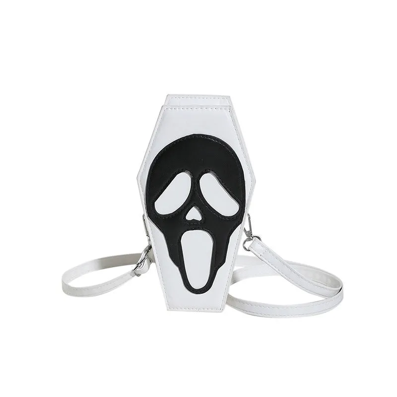 Halloween coffin-shaped shoulder bag in PU with spider web pattern, crossbody strap, compact size 12x22x9cm